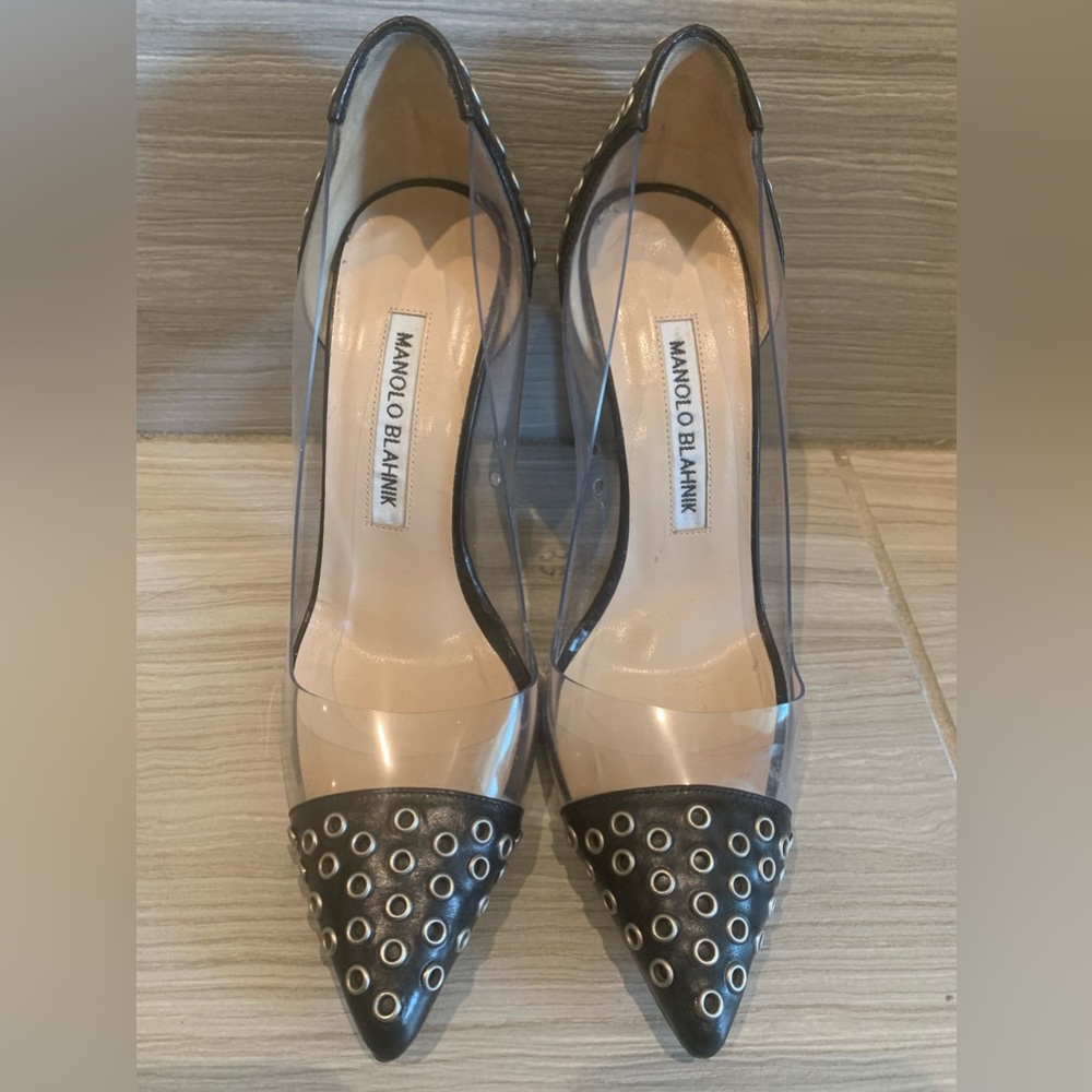 Manolo Blahnik (size 35 (5US)) Clear and Black Leather Studded Heels